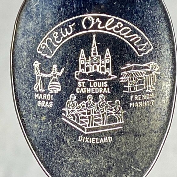 New Orleans Souvenir Spoon 4 3/8” Silver Enamel Shield Mardi Gras Marked U.S.A. - Picture 2 of 5